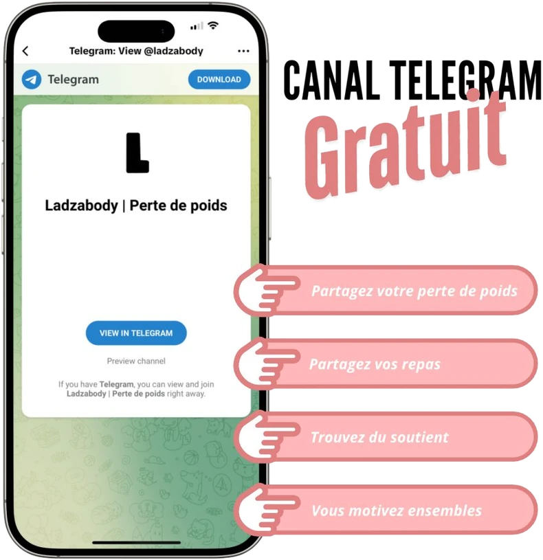 Canal Telegram gratuit Ladzabody : partage ta perte de poids, tes repas, trouve du soutien